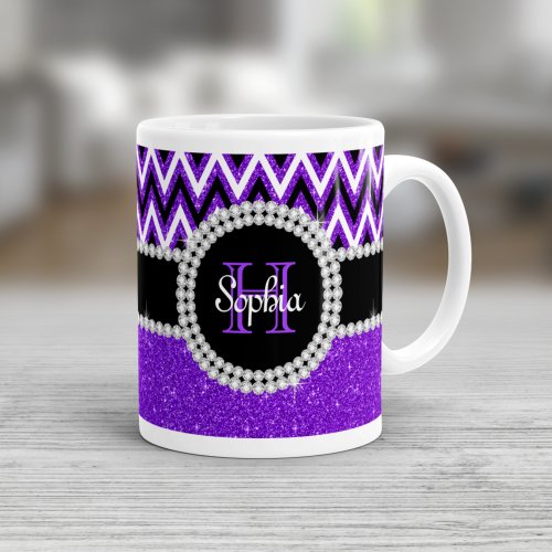 Black White Purple Glitter Chevron Stripe Monogram Large Coffee Mug