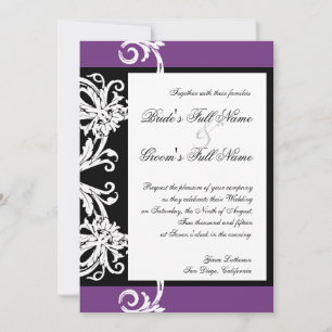Black White Purple Heart Damask Wedding Invitation