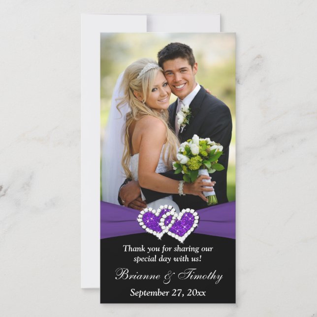Black White Purple Joined Hearts Wedding Photocard Thank You Card (Front)
