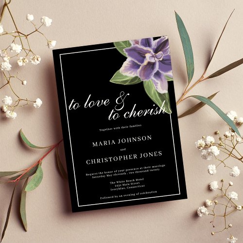 Black white purple lavender orchid floral wedding invitation