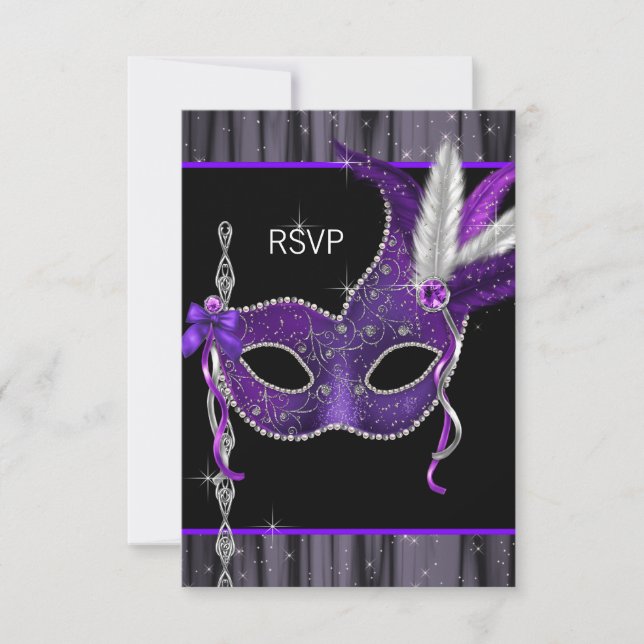 Black White Purple Masquerade Party RSVP (Front)