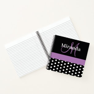 Black White Purple Monogram Script Polka Dots Notebook