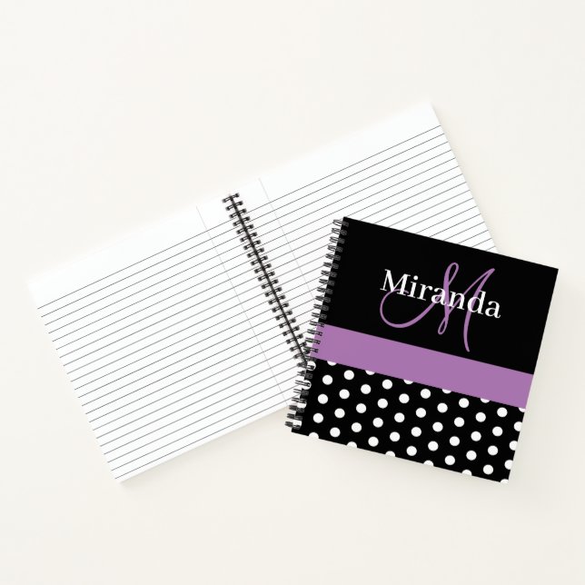 Black White Purple Monogram Script Polka Dots Notebook (Inside)