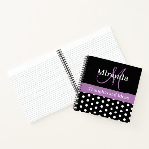 Black White Purple Monogram Script Polka Dots Notebook