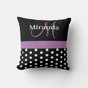 Black White Purple Monogram Script Polka Dots Throw Pillow