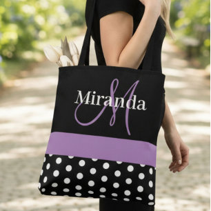 Black White Purple Monogram Script Polka Dots Tote Bag