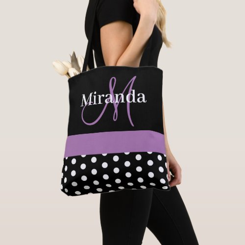 Black White Purple Monogram Script Polka Dots Tote Bag