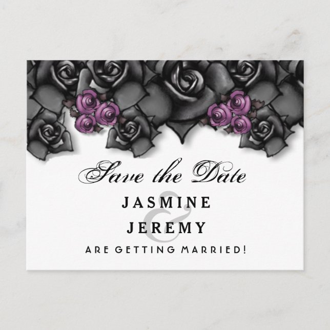Black White Purple Roses Halloween Save Date Announcement Postcard (Front)