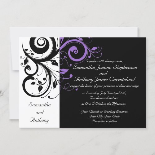 Black White Purple Swirl Wedding Invitations