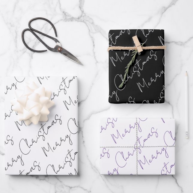 Black, white, purple typography Christmas holiday Wrapping Paper Sheets (Front)