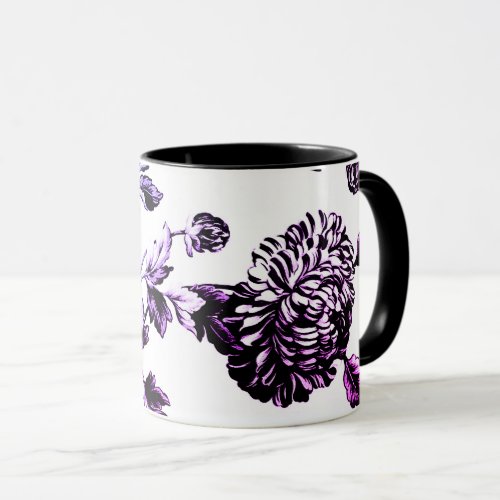 Black White Purple Vintage Botanical Floral Toile Mug