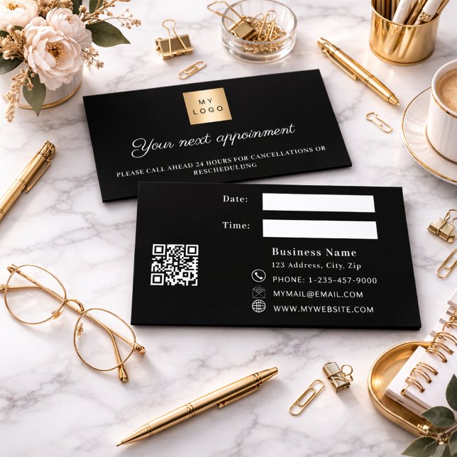 Black white QR business logo appointment card (Creator Uploaded)
