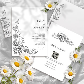 Black White QR Code Botanical All In One Wedding Invitation