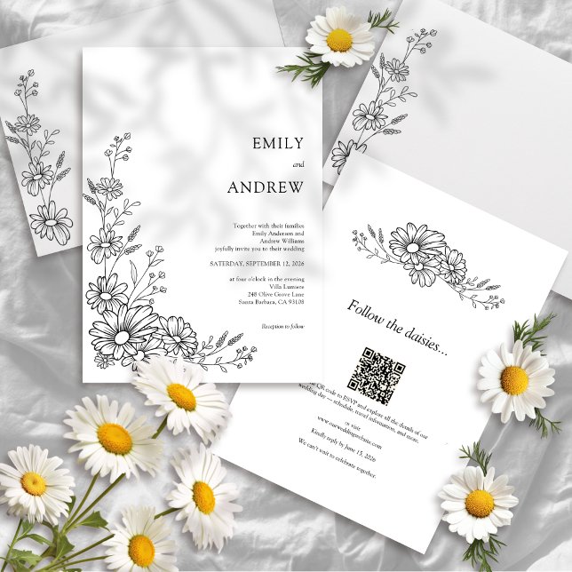 Black White QR Code Botanical All In One Wedding Invitation (Creator Uploaded)