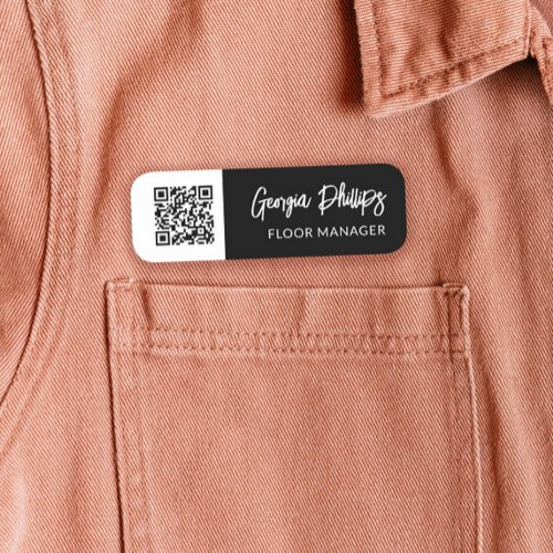 Black  White QR Code Brush Script Name Tag