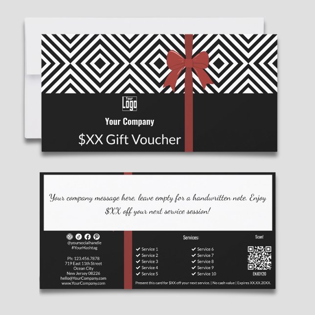 Black White QR Code Company Note Gift Voucher Card (Black White QR Code Company Note Gift Voucher Card, with Red Ribbon, QR code, Service List, Note)