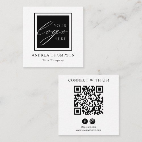 Black White QR code Custom Logo Connect with Us Square Business Card