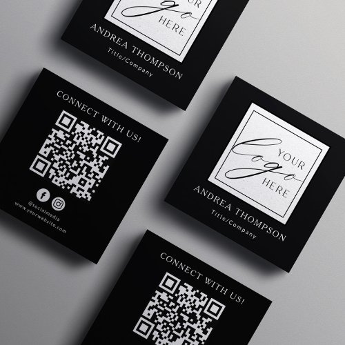 Black &amp; White QR code Custom Logo Connect with Us Square Business Card