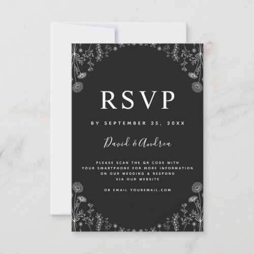 Black White  QR Code Drawn Wildflowers Botanical RSVP Card