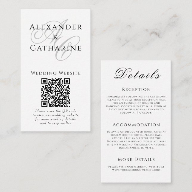 Black White QR Code Monogram Wedding Details Card (Front/Back)