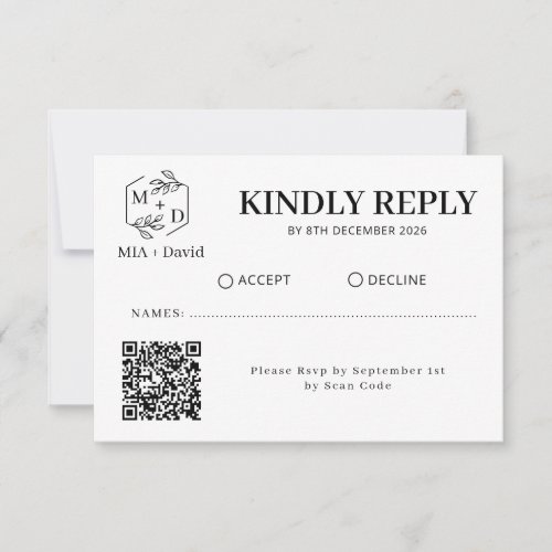 Black White Qr Code monogram Wedding Replay RSVP Card