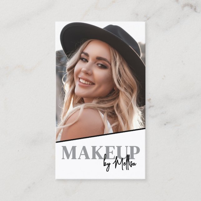 Black White QR Code Photo Makeup Vertical Business Card (Front)