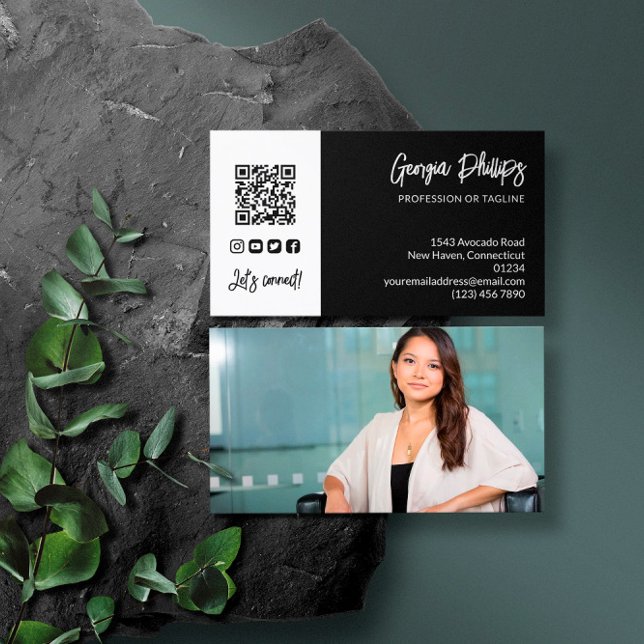 Black White QR Code Photo Social Media Icons Business Card (Creator Uploaded)