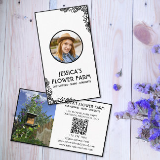 Black & White QR Code Professional 2 Photo Floral Business Card