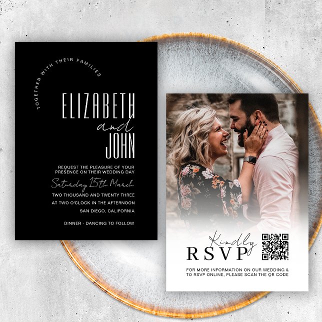 Black White QR Code RSVP Minimalist Photo Wedding Invitation (Front / Back)