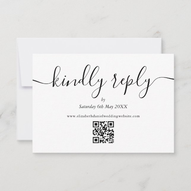 Black White QR Code Script Wedding Kindly Reply RSVP Card (Front)