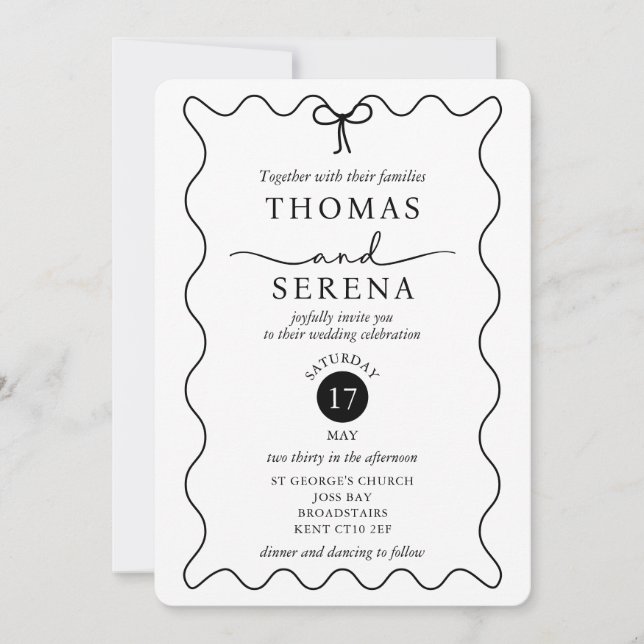 Black White QR Code Wave Curve Monochrome Wedding  Invitation (Front)
