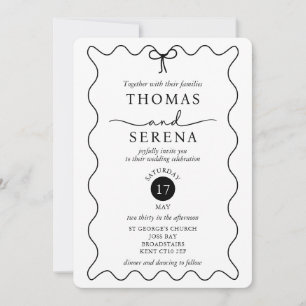 Black White QR Code Wave Curve Monochrome Wedding Invitation
