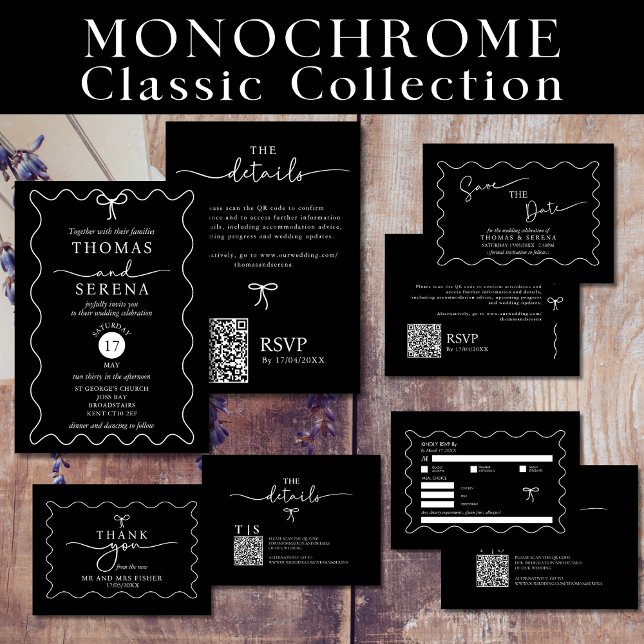 Black White QR Code Wave Curve Monochrome Wedding  Invitation (Creator Uploaded)