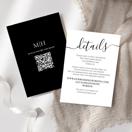 Black White QR Code Wedding Details RSVP Online  Enclosure Card