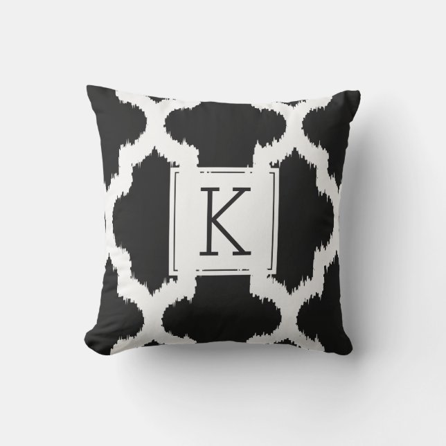 Black & White Quatrefoil Ikat Style Throw Pillow (Front)