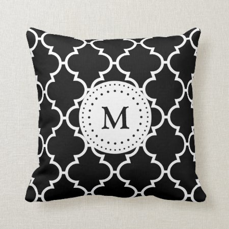 Black White Quatrefoil Pattern Monogrammed Pillow