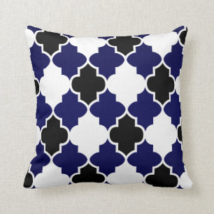 Black & White Quatrefoil Pattern on Navy Blue Throw Pillow