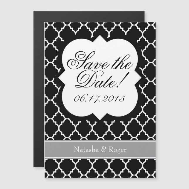 Black White Quatrefoil Save The Date Magnet (Front/Back)