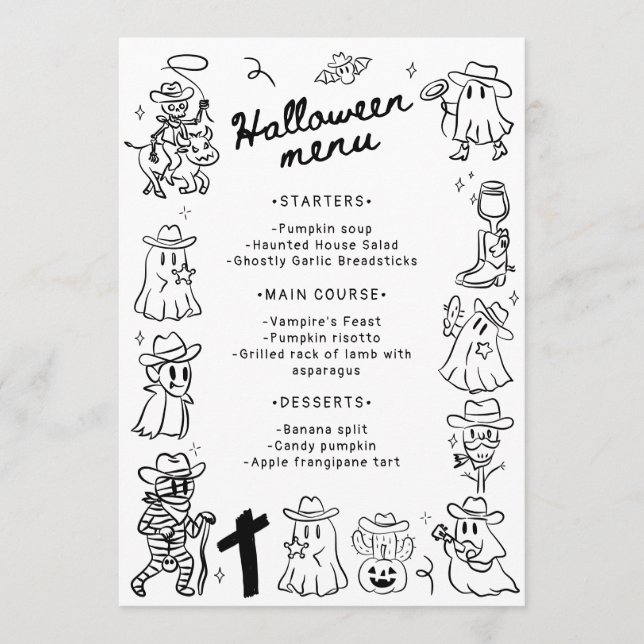 Black & White Quirky Hand Drawn Doodles Halloween Menu (Front)