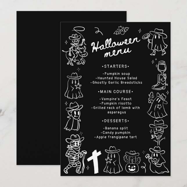 Black & White Quirky Hand Drawn  Halloween  Menu (Front/Back)