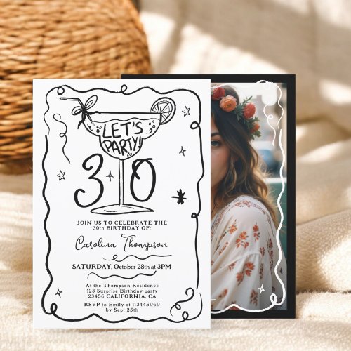 Black white quirky whimsical scribbles 30 birthday invitation