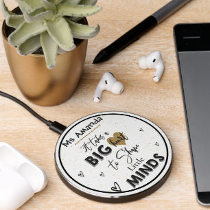 Black White quote Teacher Appreciation Heart Name Wireless Charger