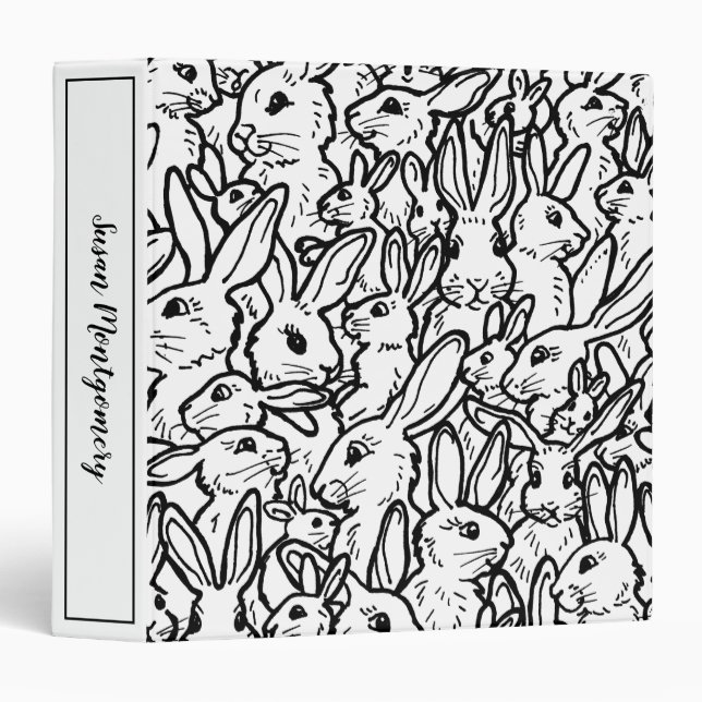 Black & White Rabbit Bunny Modern Drawings Custom 3 Ring Binder (Front/Spine)