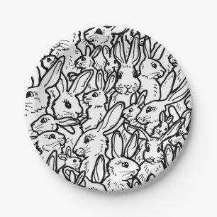 Black & White Rabbit Drawing Modern Bunny Pattern Paper Plates