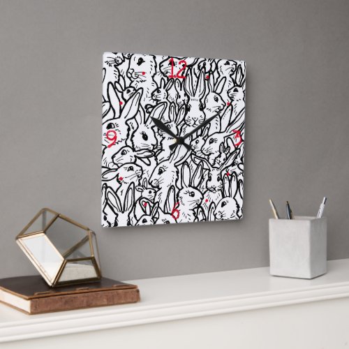Black White Rabbit Drawing Red Numbers Cute Bunny Square Wall Clock