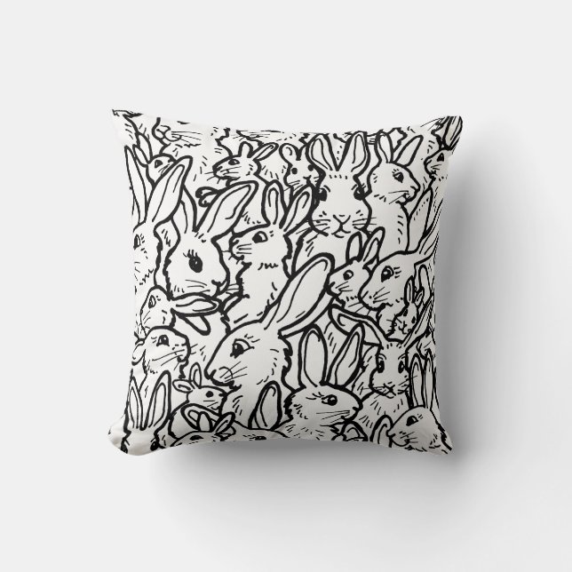 Black & White Rabbit Drawings Cute Bunny Pattern Throw Pillow (Front)