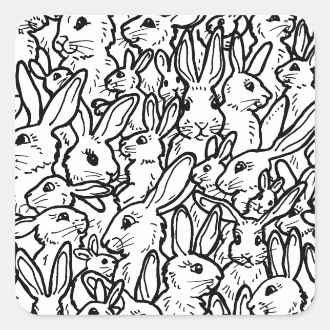 Black & White Rabbit Drawings Fun Minimal Bunny Square Sticker (Front)