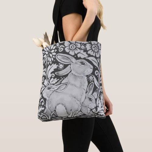 Black  White Rabbit Family Floral Mothers Day Tote Bag