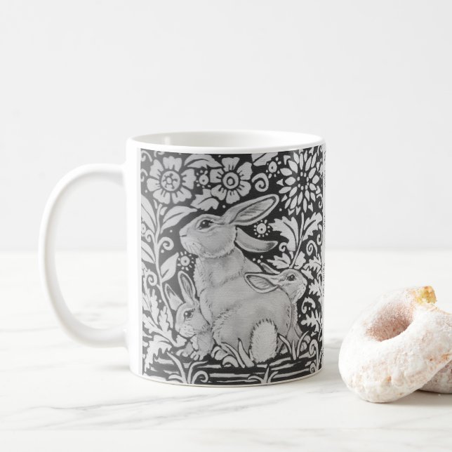 Black White Rabbit Family Gray Easter Mother Gift Coffee Mug (With Donut)