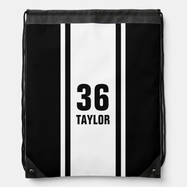 Black & White Racer Stripe Monogram Drawstring Bag (Front)